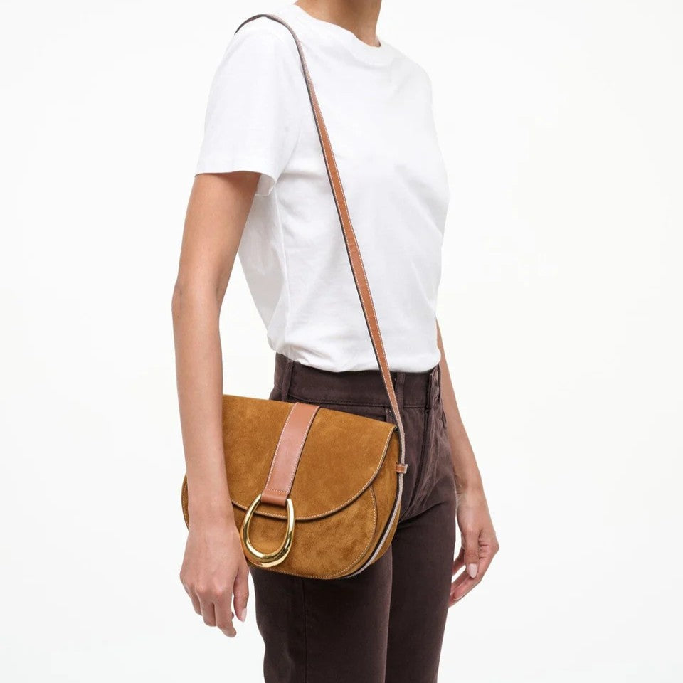 Wildleder Satteltasche mit goldener Metallverzierung